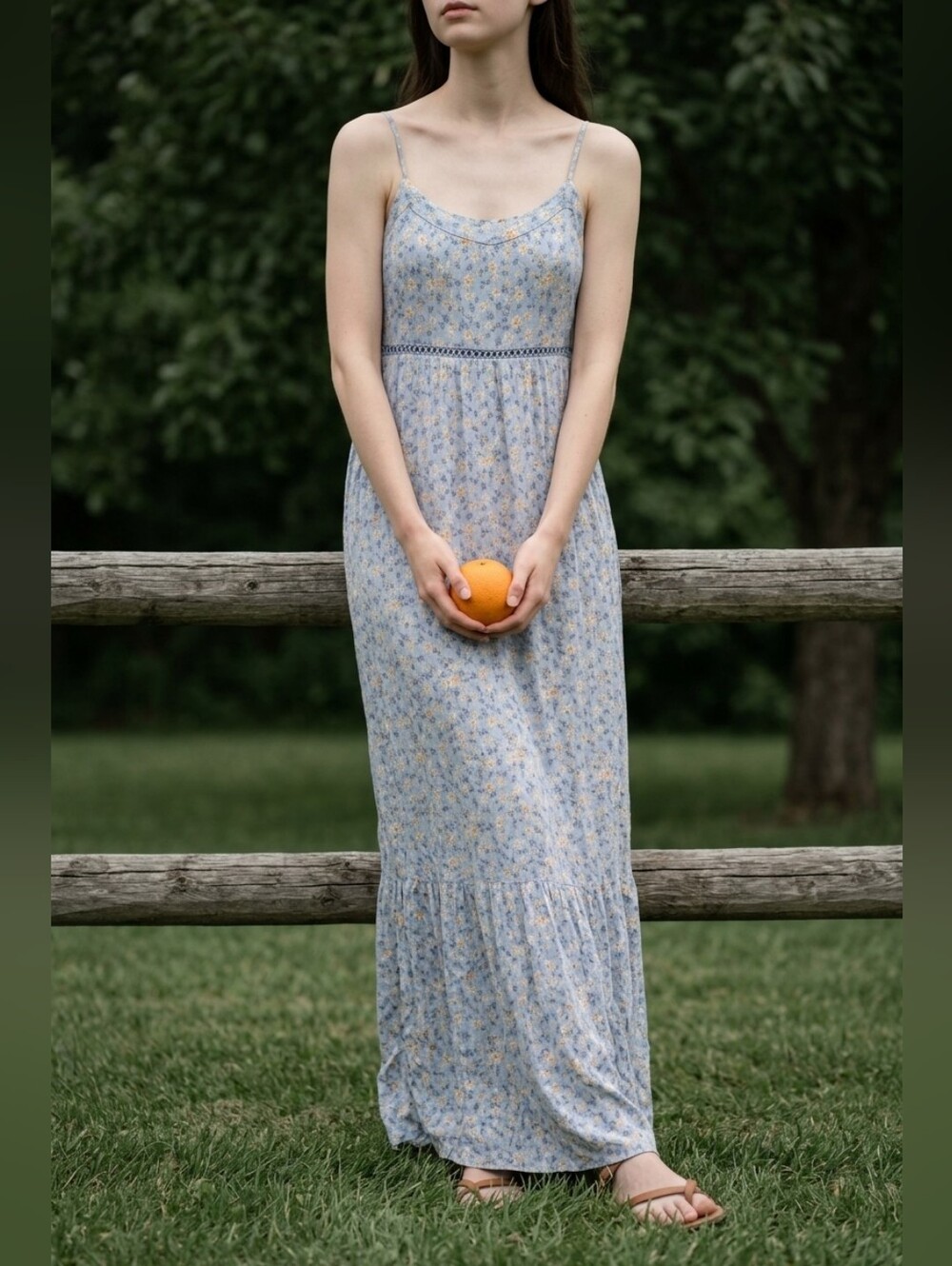 Light Blue Floral Spaghetti-Strap Maxi Dress